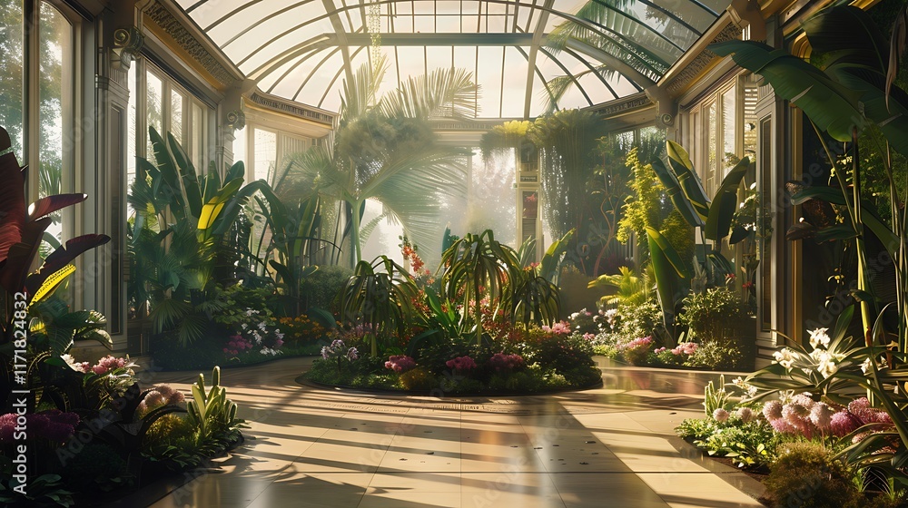 A large glass conservatory with exotic plants and flowers growing under the clear roof A large glass conservatory with exotic plants and flowers growing under the clear roof
