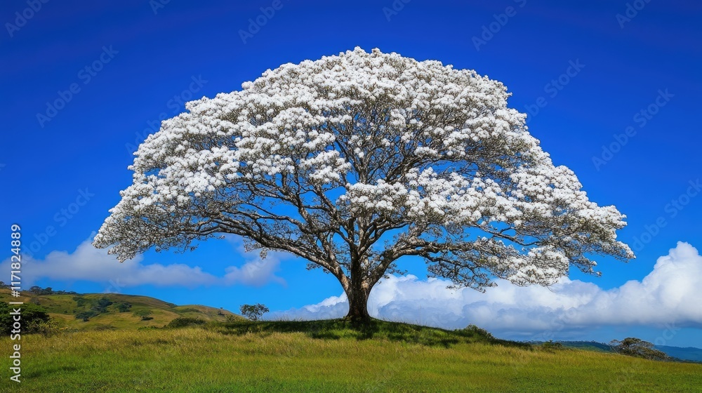 Naklejka premium Stunning white ipe tree in full bloom against a vibrant blue sky, its bright flowers creating a striking visual impact.