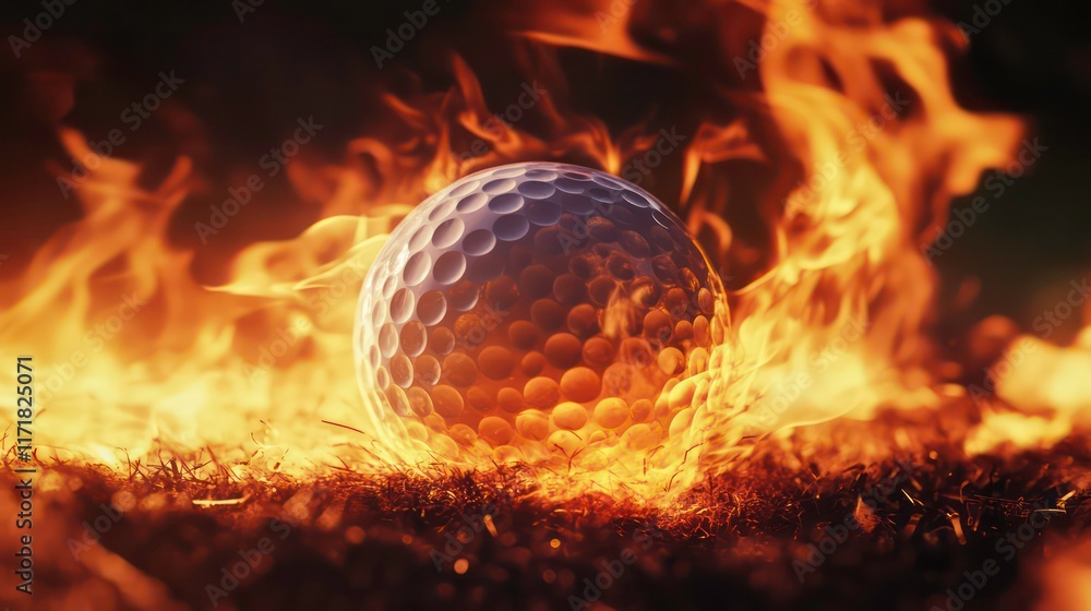 Golf ball engulfed in flames, burning grass, fiery background. Golf ball engulfed in flames, burning grass, fiery background.