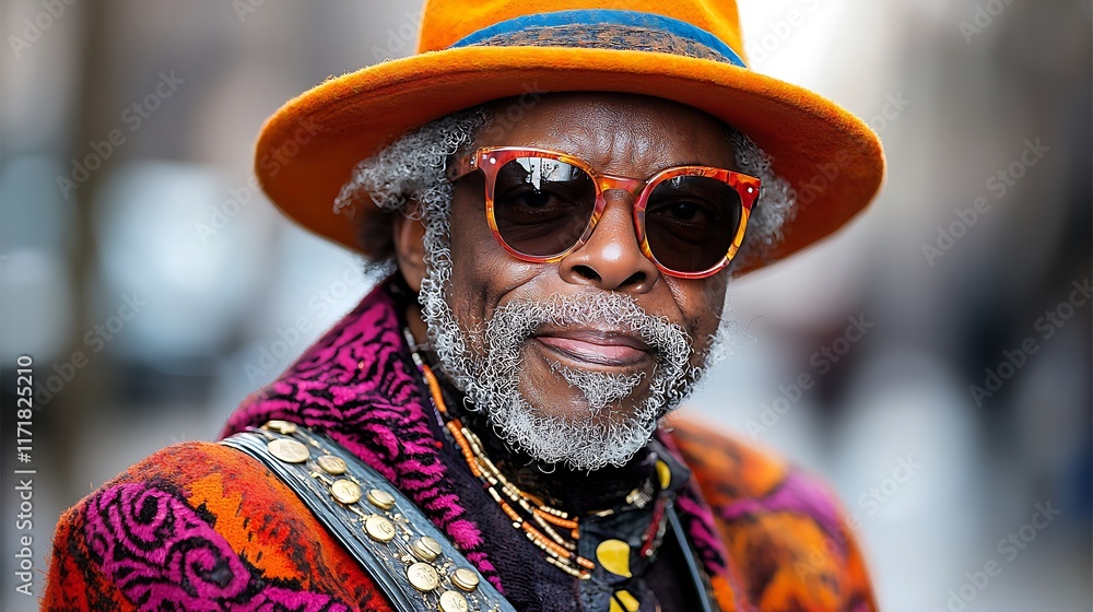 Portrait of a stylish senior man with gray hair and beard wearing sunglasses and a vibrant orange hat. Portrait of a stylish senior man with gray hair and beard wearing sunglasses and a vibrant orange hat.