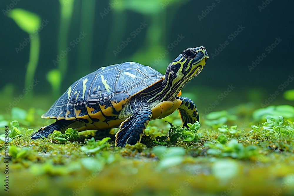 A Juvenile Painted Turtle Crawls on Mossy Ground A Juvenile Painted Turtle Crawls on Mossy Ground