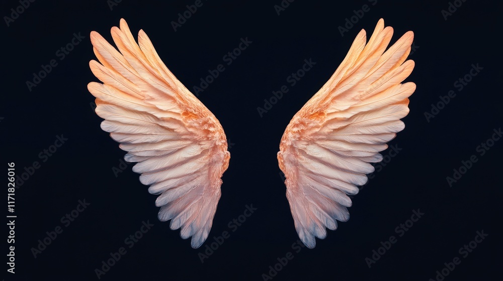 Obraz premium The image features a pair of intricately detailed wings, showcasing a soft, feather-like texture against a dark background, evoking themes of freedom and ethereal beauty.