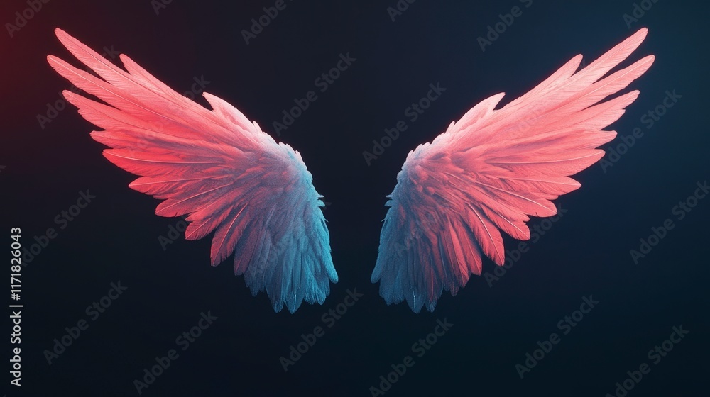 Fototapeta premium The image features a pair of beautifully detailed angel wings, showcasing a gradient of soft colors, evoking a sense of ethereal beauty and freedom.