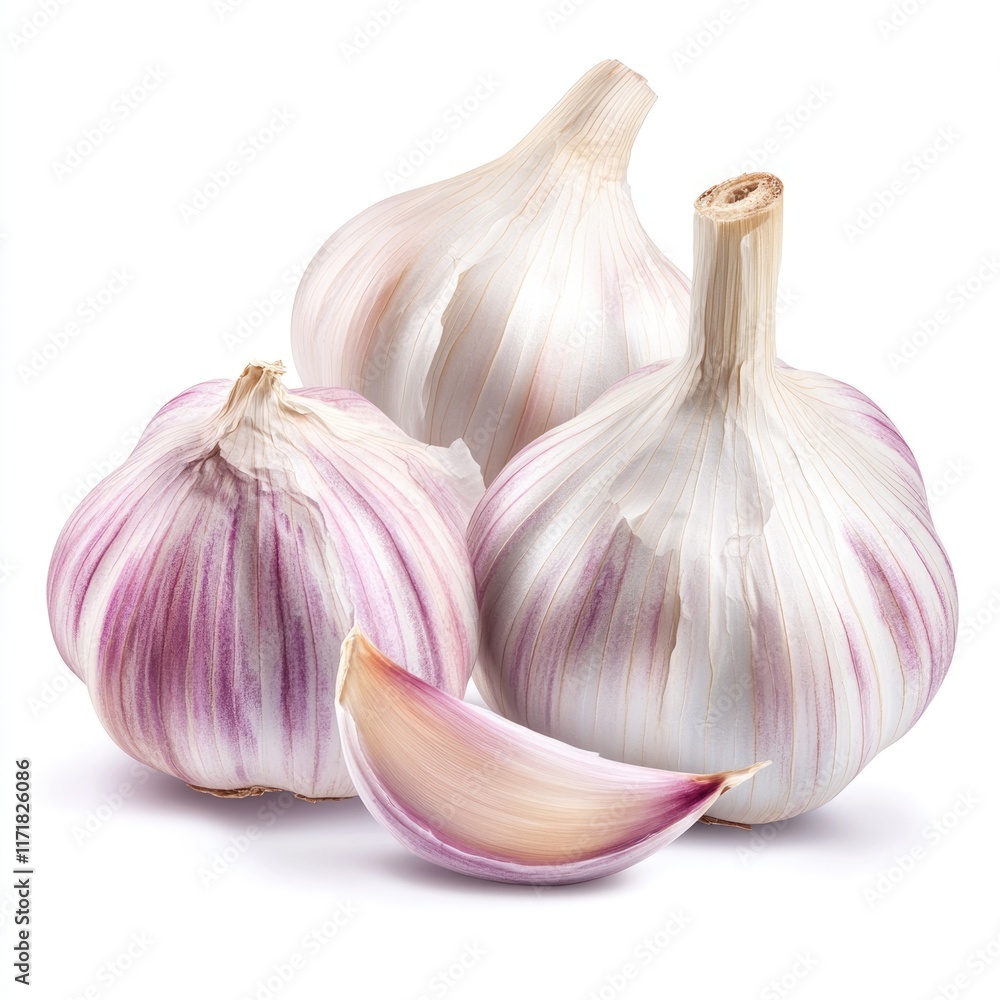 Obraz premium Fresh Garlic Cloves Isolated on Pristine White Background, Showcasing Natural Aroma and Nutritional Benefits