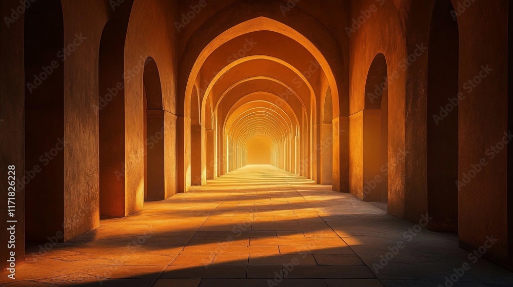 Obraz premium Sunlit arched hallway, warm tones, perspective.