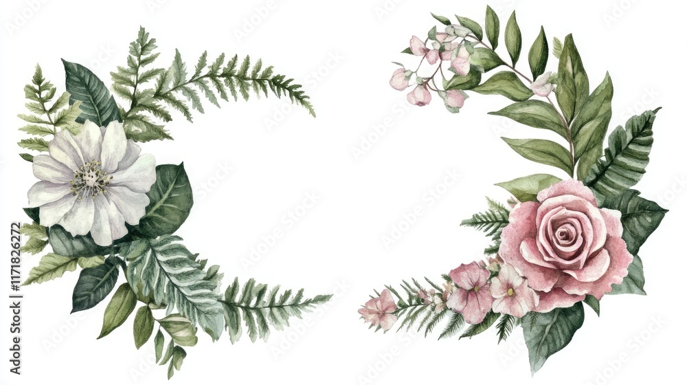 Fototapeta premium Elegant Boho Watercolor Wedding Frame with Tropical Flora: Roses, Ferns, and Monstera Illustrations