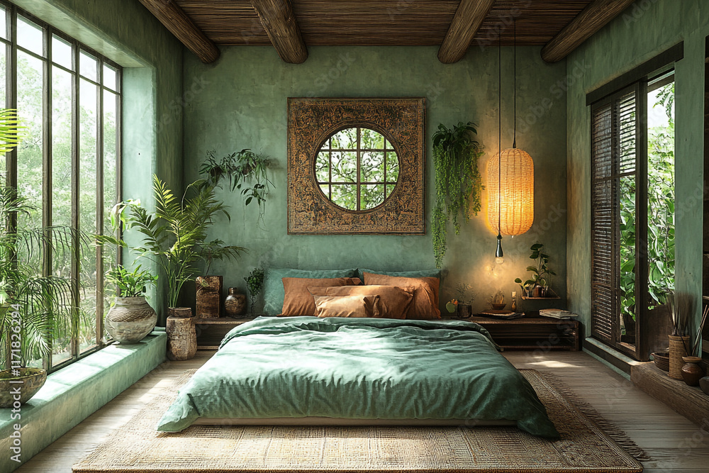 Serene Green Bedroom with Lush Plants and Natural Light
