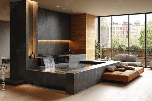 Modern minimalist apartment with indoor plunge pool