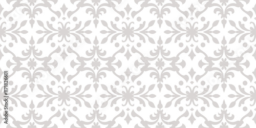 Subtle floral ornament. Grey and white vector geometric seamless pattern. Ornament background in damask, baroque, rococo, renaissance, revival style. Elegant abstract texture. Repeating vintage design