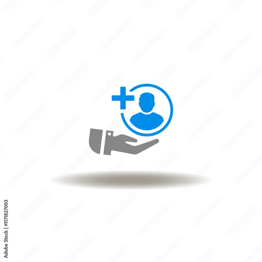 Vector illustration of hand hold man person with plus sign. Symbol of refer a friend. Icon of add new user.
