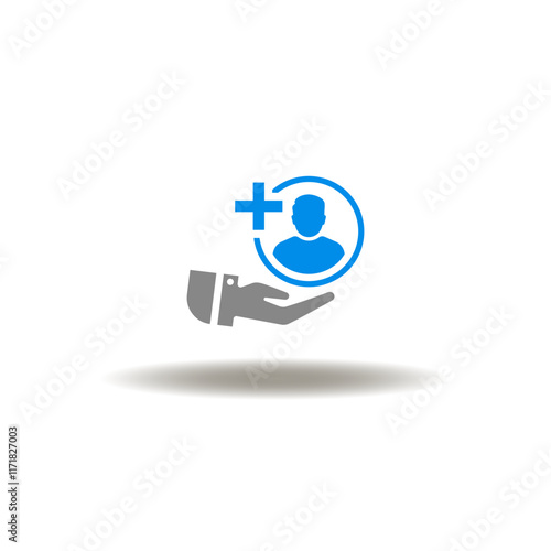 Obraz na płótnie Vector illustration of hand hold man person with plus sign. Symbol of refer a friend. Icon of add new user. w salonie