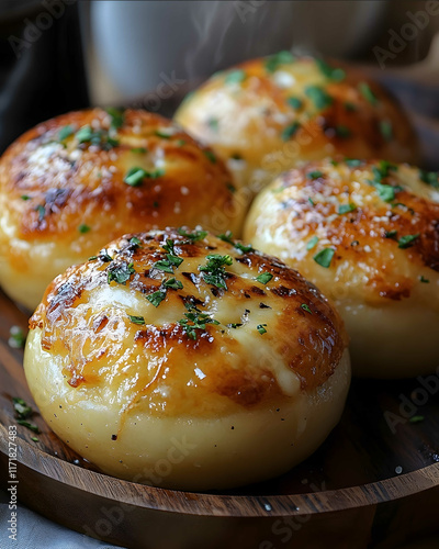 Garlic Parmesan Cheeseburger Bombs golden brown melted cheese oozing natural lighting rustic plating handheld size steam rising photo