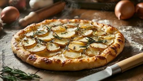 An ultrarealistic 169 photo of a thickcrust Puglianstyle potato pizza fresh out of the oven The pizza features layers of golden potato slices caramelized onions and rose photo