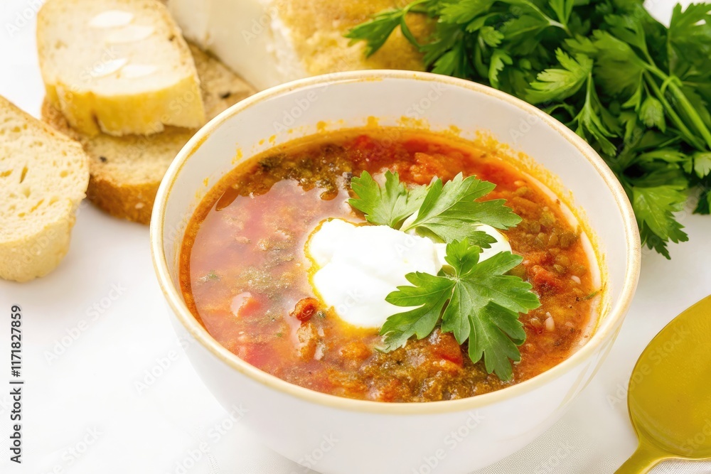 Borsch Served With Sour Cream and Fresh Parsley in a Bowl. Generative AI Borsch Served With Sour Cream and Fresh Parsley in a Bowl. Generative AI
