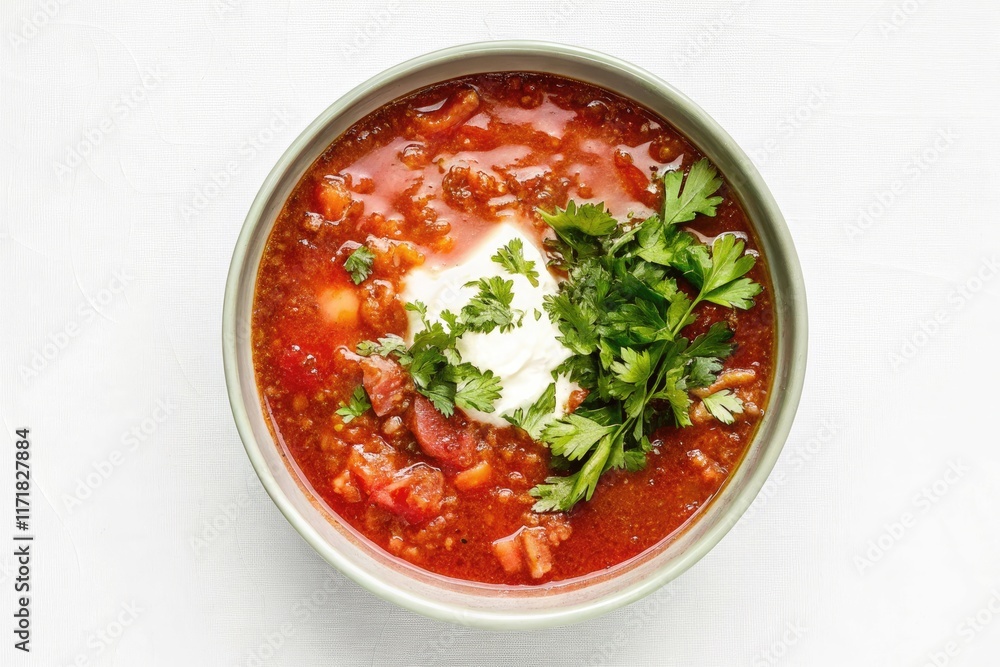Delicious Bowl of Borsch With Sour Cream and Parsley on Display. Generative AI Delicious Bowl of Borsch With Sour Cream and Parsley on Display. Generative AI