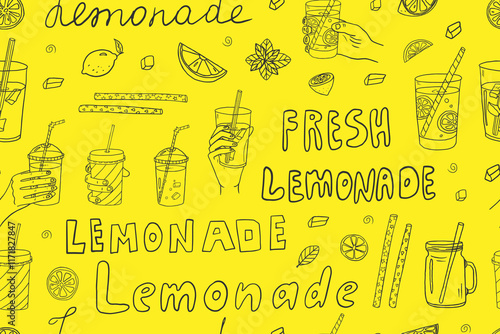 Trendy seamless pattern of lemonades in doodle style. Non-acoholic cocktails with ice cubes, mint, lemon, straw and lettering. Good for bar menu design, packaging. Vector illustration. Hand drawn.