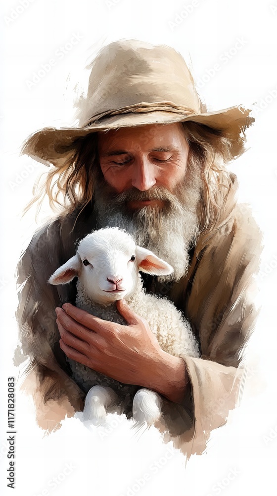Obraz premium A tender moment: An older Caucasian shepherd gently cradles a young lamb. Warm earth tones and soft light create a peaceful scene.