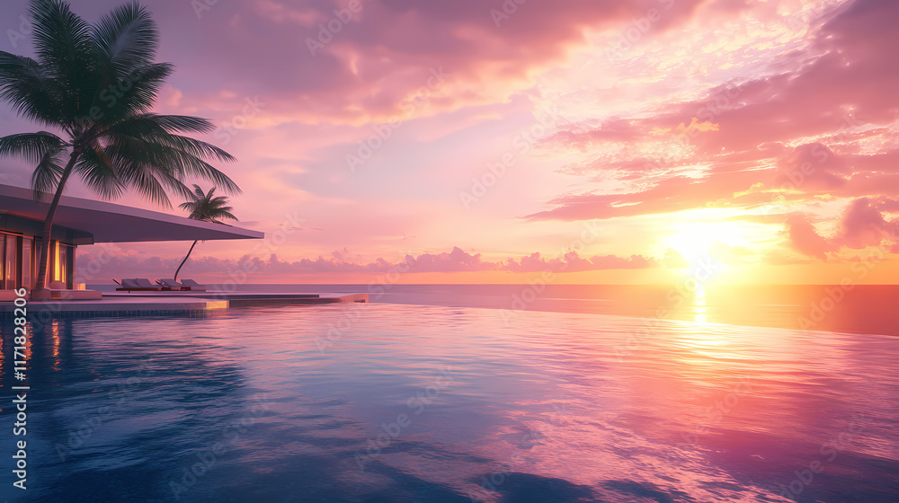 Beautiful sunset at the infinity pool. 3d rendering. Sunchaser. Illustration Beautiful sunset at the infinity pool. 3d rendering. Sunchaser. Illustration