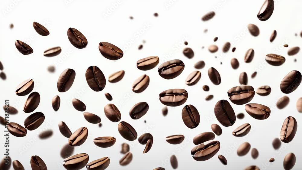 A bunch of coffee beans are flying through the air. The beans are scattered in different directions, creating a sense of chaos and movement. The image conveys a feeling of energy and excitement A bunch of coffee beans are flying through the air. The beans are scattered in different directions, creating a sense of chaos and movement. The image conveys a feeling of energy and excitement