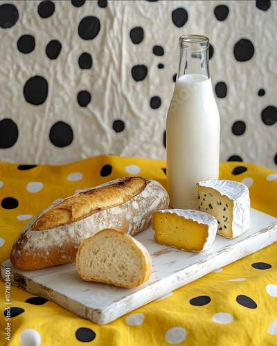 There is a white wooden board with two bright breads on it a glass bottle of milk next to it and a small cheese nearby a yellow and black polka dot tablecloth with black