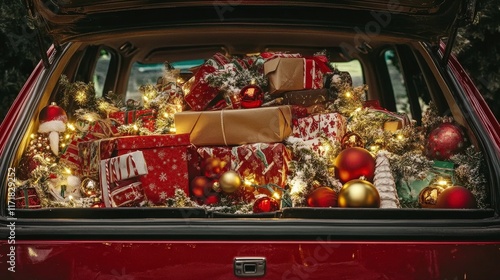 The image shows a car trunk filled with beautifully wrapped Christmas gifts, decorations, and twinkling lights, creating a festive and cheerful holiday atmosphere.