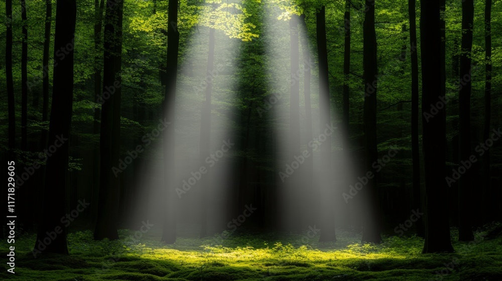 Fototapeta premium A serene forest scene illuminated by beams of light filtering through the trees, creating a mystical atmosphere.