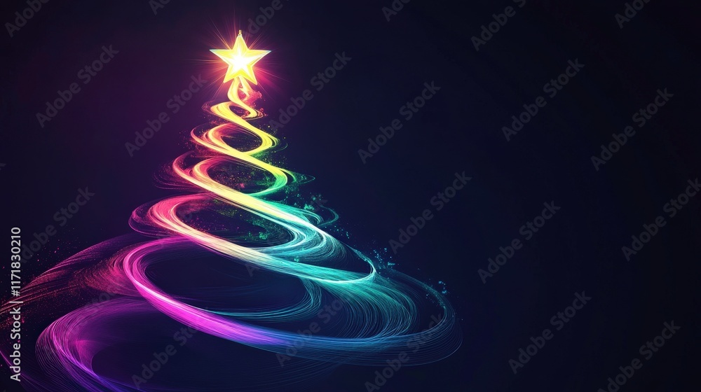 custom made wallpaper toronto digitalA colorful, abstract representation of a Christmas tree spiraling upwards, adorned with a bright star at the top, set against a dark background.