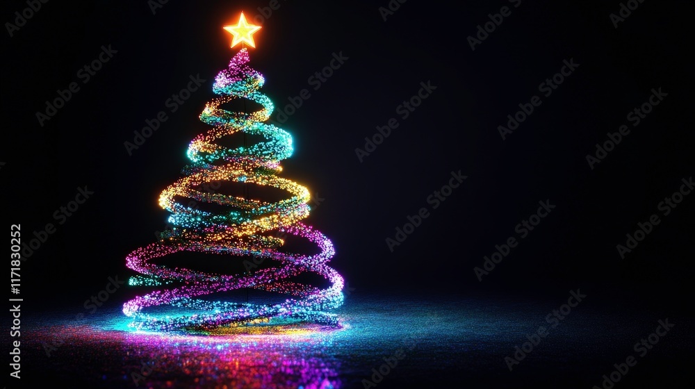 custom made wallpaper toronto digitalA vibrant, stylized Christmas tree made of shimmering lights, topped with a star, set against a dark background, evoking a festive and celebratory atmosphere.