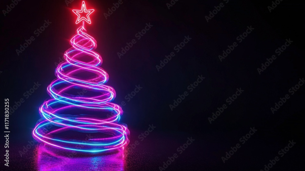 A vibrant, neon-lit Christmas tree with a star on top, set against a dark background, creating a festive and modern atmosphere. A vibrant, neon-lit Christmas tree with a star on top, set against a dark background, creating a festive and modern atmosphere.