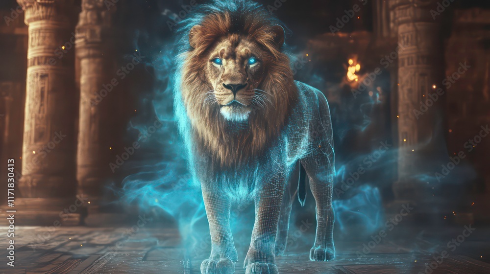 Naklejka premium Majestic lion with glowing blue aura standing in ancient ruins.