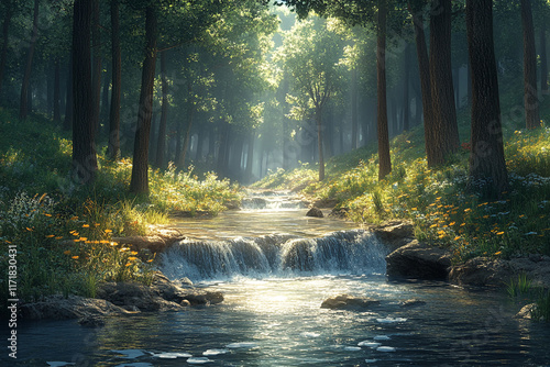 Fototapeta Naklejka Na Ścianę i Meble -  Sunlit Forest Stream Cascading Over Rocks