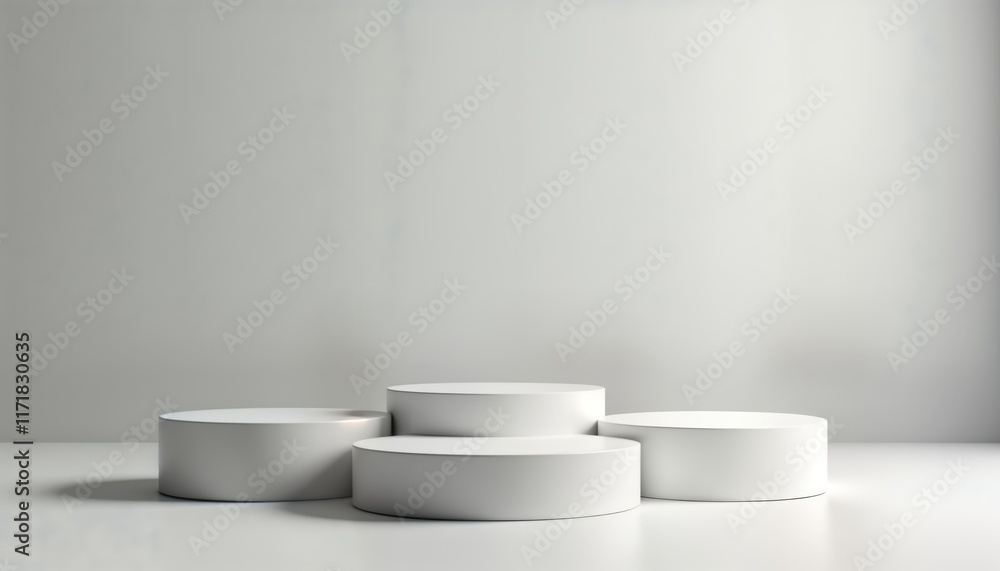 Five white round podiums stand on plain white background. Minimalist design elements create modern, sleek product presentation. Simple geometric shapes ideal for e-commerce, advertising displays. Five white round podiums stand on plain white background. Minimalist design elements create modern, sleek product presentation. Simple geometric shapes ideal for e-commerce, advertising displays.