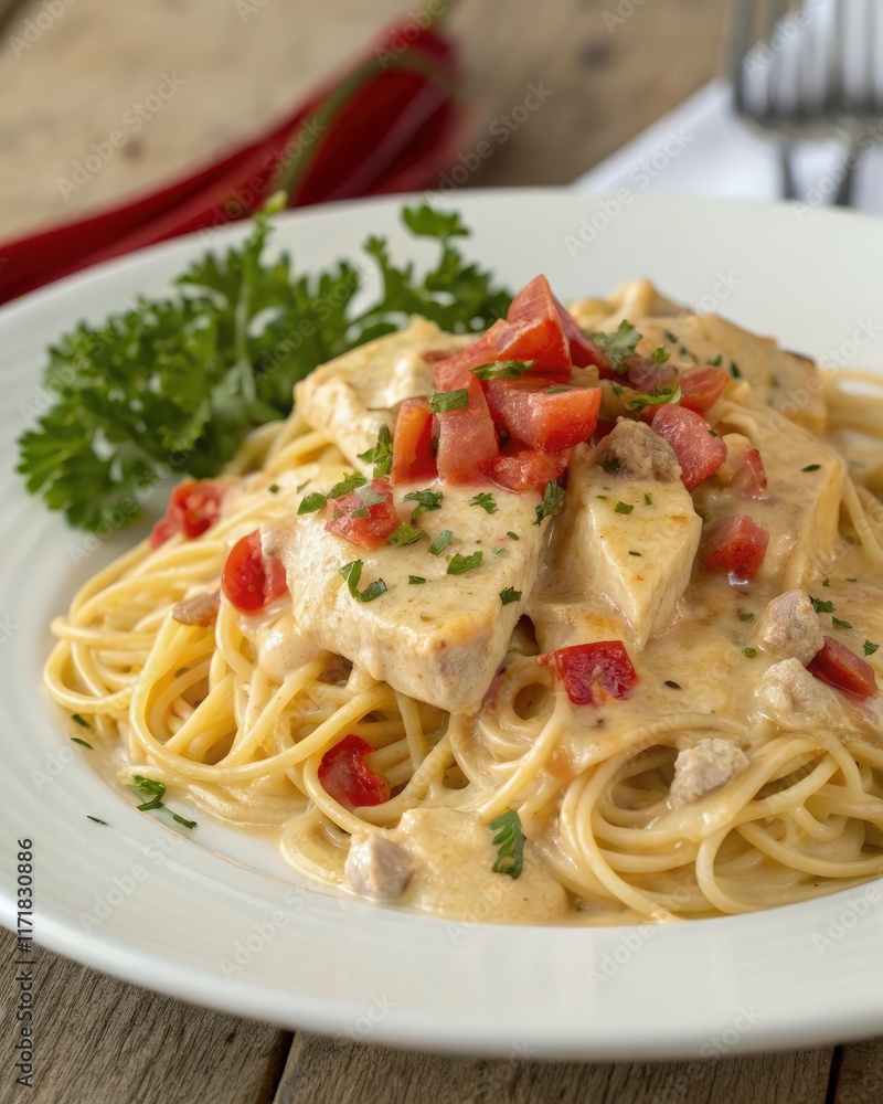 Creamy Monterey Chicken Spaghetti With Fresh Toppings. Generative AI Creamy Monterey Chicken Spaghetti With Fresh Toppings. Generative AI