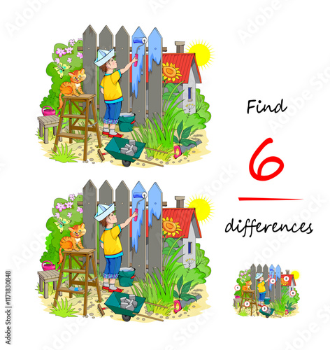 Find 6 differences. Illustration of little boy working in the summer garden. Logic puzzle game for children and adults. Educational page for kids brain teaser book. Flat vector drawing.