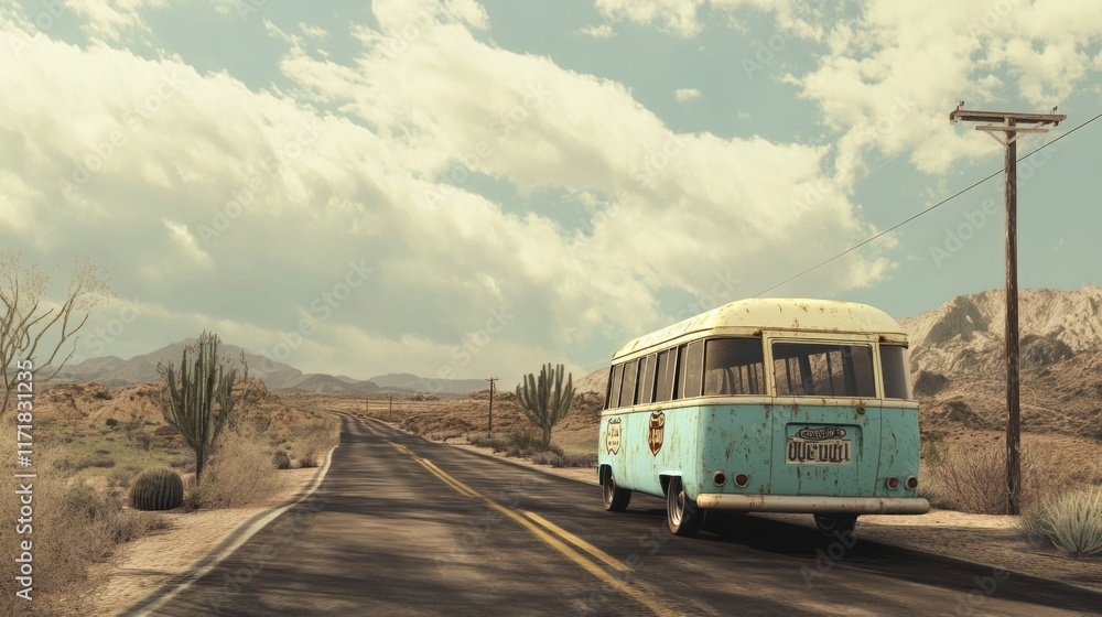 Fototapeta premium Retro bus driving on a desert road.