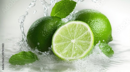 Refreshing Lime Water Splash with Mint and Fresh Green Fruit Isolated on White Background