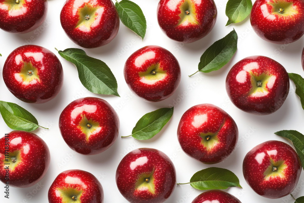 Glossy red apples with green leaves pattern Glossy red apples with green leaves pattern