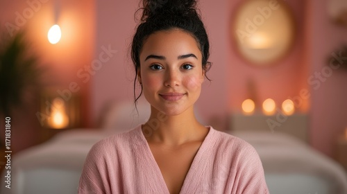 A young woman smiles warmly in a softly lit room, creating a cozy and inviting atmosphere. The background features a bed and soft lighting, enhancing a sense of calm and comfort.