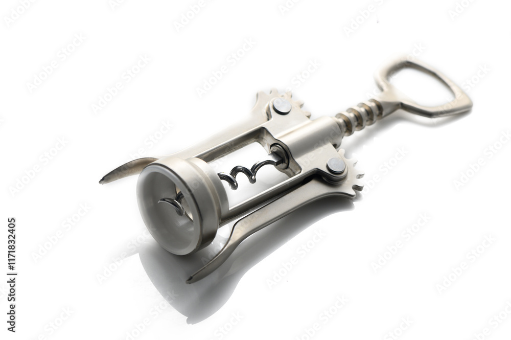 Elegant silver corkscrew tool resting on a clean white surface, perfect for wine lovers and gatherings Elegant silver corkscrew tool resting on a clean white surface, perfect for wine lovers and gatherings