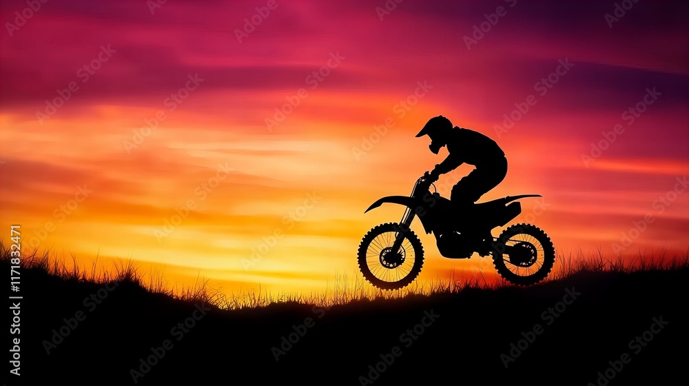 Silhouette of a man motocross biking at sunset. Warm sunset colors and dark silhouette create a dramatic image. Silhouette of a man motocross biking at sunset. Warm sunset colors and dark silhouette create a dramatic image.