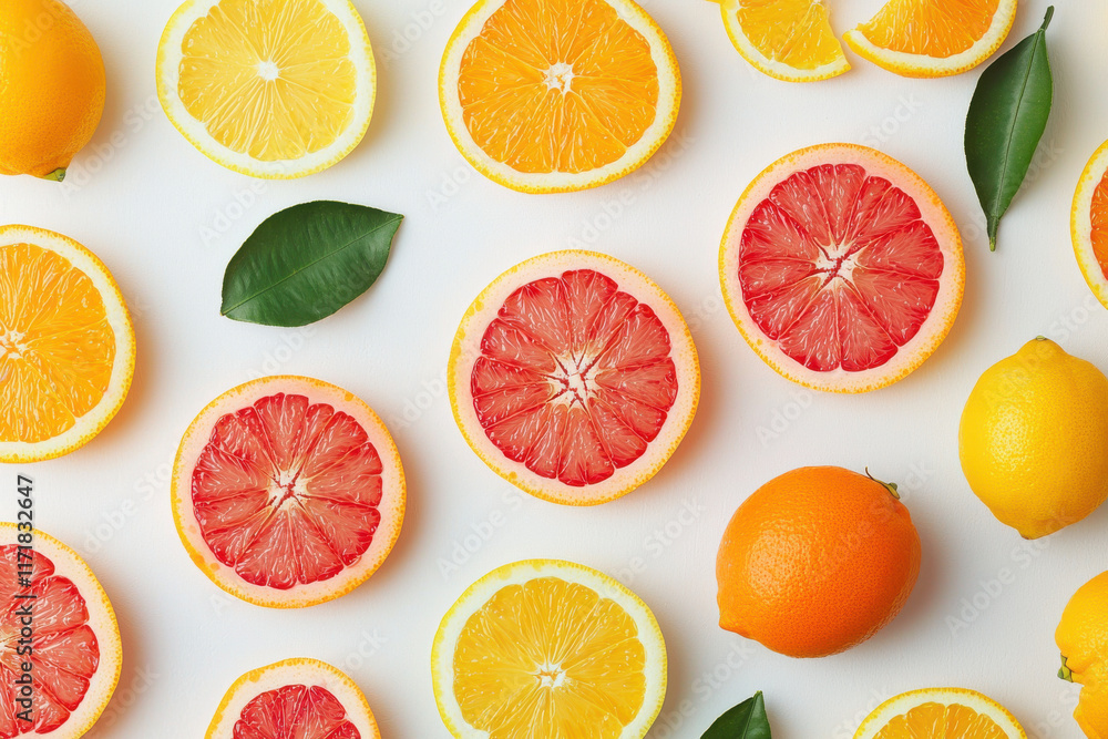 Citrus slices with leaves on white background Citrus slices with leaves on white background