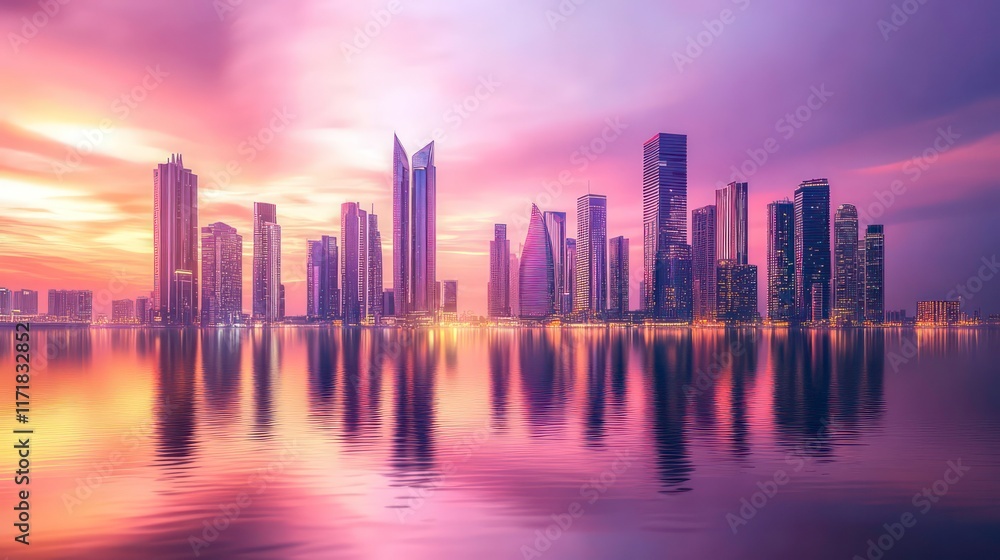 Obraz premium Vibrant sunset over a modern city skyline reflected in calm water.