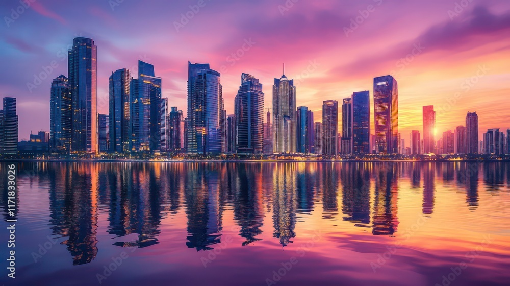 Fototapeta premium Vibrant city skyline reflecting in calm water at sunset.