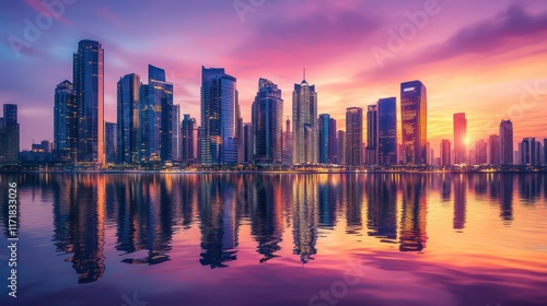 Vibrant city skyline reflecting in calm water at sunset.