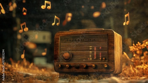 A vintage radio sits in a serene environment, surrounded by floating musical notes, evoking a nostalgic atmosphere of music and memories. photo