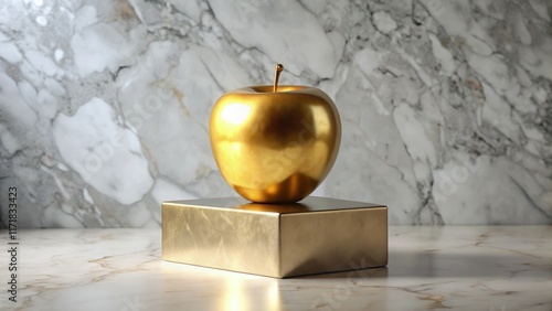 Golden Apple of Discord Sits on a Marble Pedestal Scale. Generative AI photo