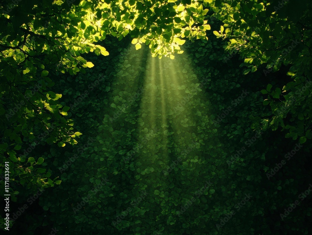 Obraz premium A serene view of sunlight filtering through lush green leaves, creating a tranquil atmosphere in a natural setting. The interplay of light and foliage evokes a sense of peace and connection to nature.