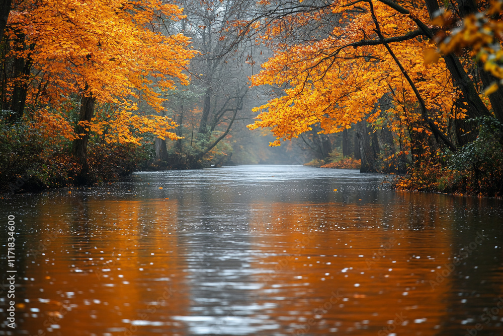 Autumnal River Scene Golden Leaves Reflecting Water Autumnal River Scene Golden Leaves Reflecting Water