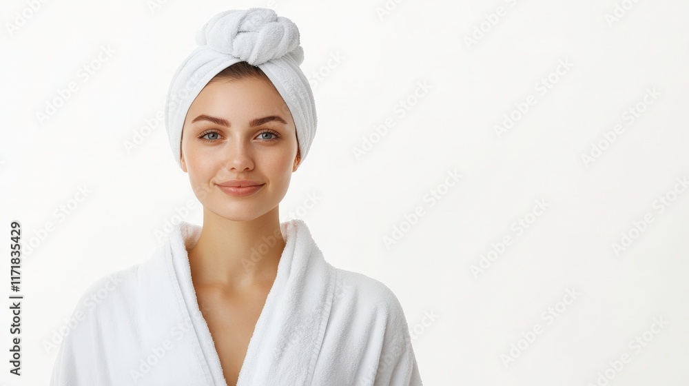 A young woman with a towel wrapped around her hair and wearing a white robe, smiling gently against a light background, conveying a sense of relaxation and self-care. A young woman with a towel wrapped around her hair and wearing a white robe, smiling gently against a light background, conveying a sense of relaxation and self-care.