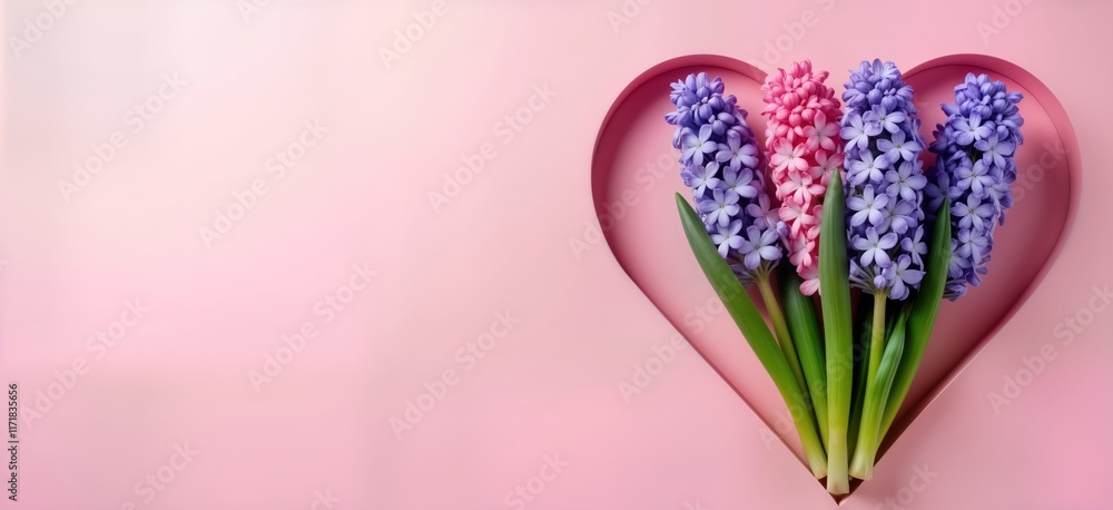 Fototapeta premium Pink pastel background with heart shaped cutout. Spring flowers hyacinths in various shades of pink, violet. Flat lay. Romantic design. Suitable for Woman Day anniversary gift. Creative layout of